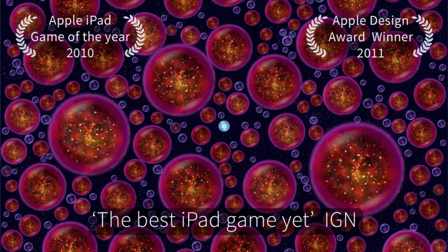 Osmos gameplay, a pale drifting mote absorbing smaller motes across a dark blue field of particles.